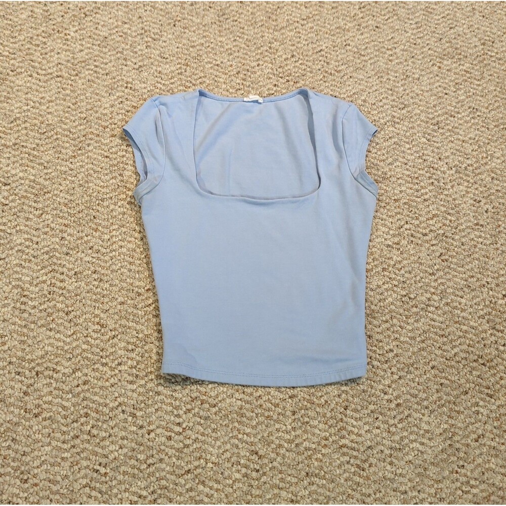 Garage Portia Square Neckline Shirt Top Womens XS Blue Stretch Cap Sleeve Crop